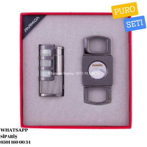 Parmida 3 Torch Çakmak Kesici İkili Gunmetal Puro Seti