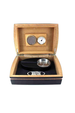 Cedar Alman Şeritli Humidor Puro Kutusu ve Aksesuar Seti Siyah