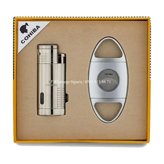 Cohiba Metal Silver Puro Seti  3 Torch Çakmak + 58 Ring Kesici