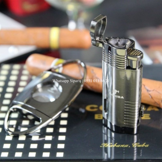 Cohiba Metal Silver Puro Seti  3 Torch Çakmak + 58 Ring Kesici
