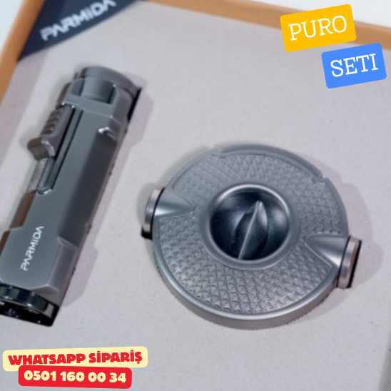 Parmida Puro Seti – Gri Premium Çakmak & Puro Kesici