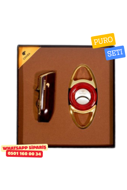 Cohiba Puro Seti – Bordo & Altın Detaylı Premium Çakmak ve Kesici