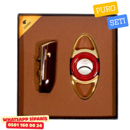 Cohiba Puro Seti – Bordo & Altın Detaylı Premium Çakmak ve Kesici