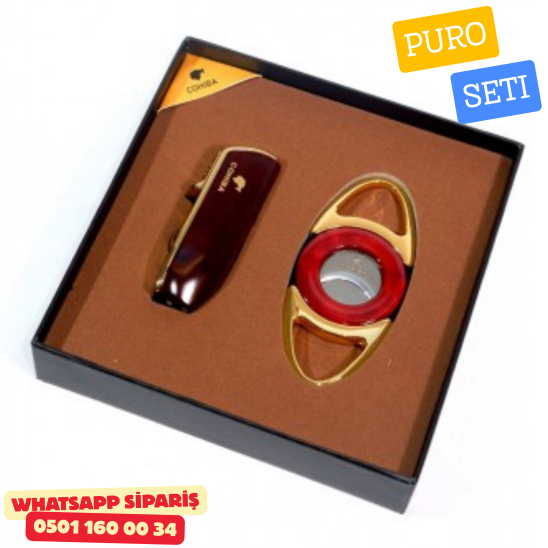 Cohiba Puro Seti – Bordo & Altın Detaylı Premium Çakmak ve Kesici
