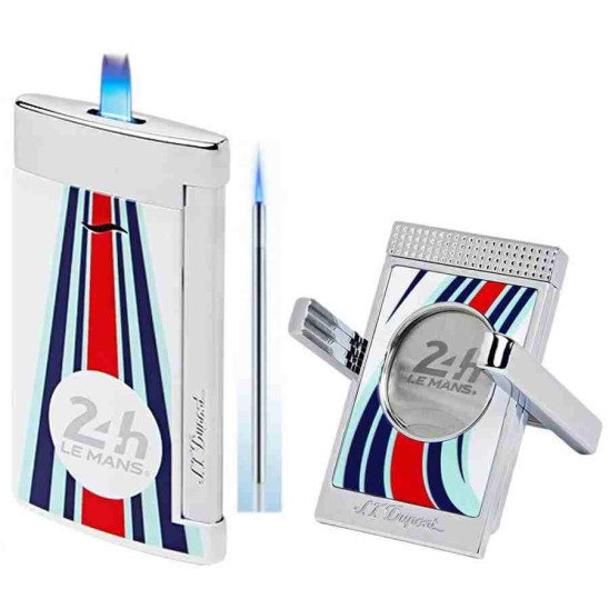 S.T. Dupont Le Mans Slim 7 Çakmak ve Sehpalı Kesici Seti Beyaz / Mavi