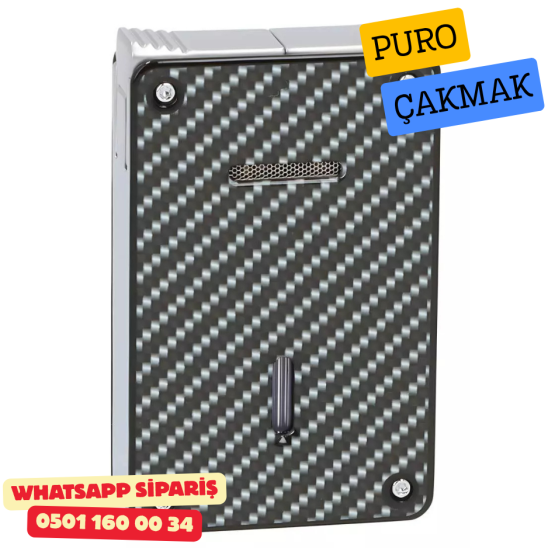 Caseti Duo Karbon Görünümlü / Krom Çift Jet + Soft Alevli Puro Çakmak