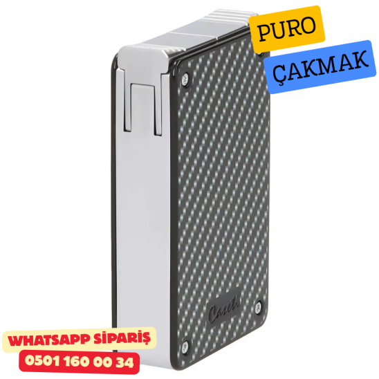 Caseti Duo Karbon Görünümlü / Krom Çift Jet + Soft Alevli Puro Çakmak