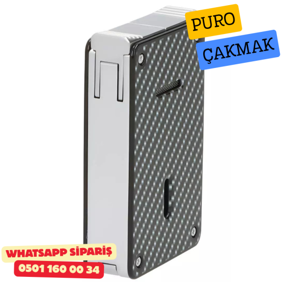 Caseti Duo Karbon Görünümlü / Krom Çift Jet + Soft Alevli Puro Çakmak