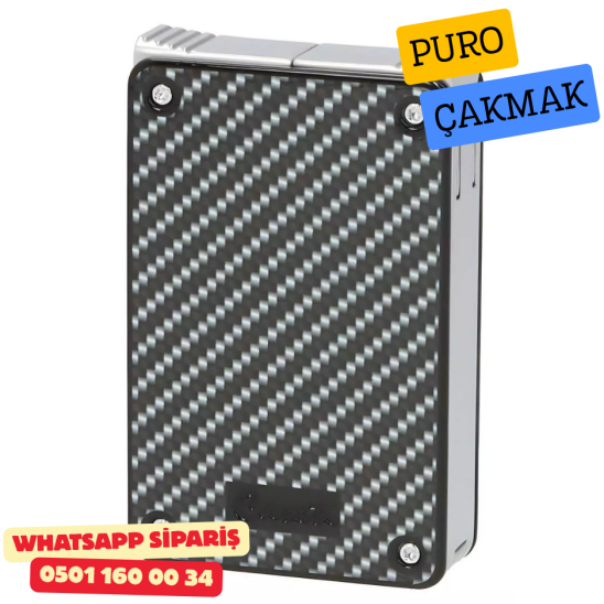 Caseti Duo Karbon Görünümlü / Krom Çift Jet + Soft Alevli Puro Çakmak