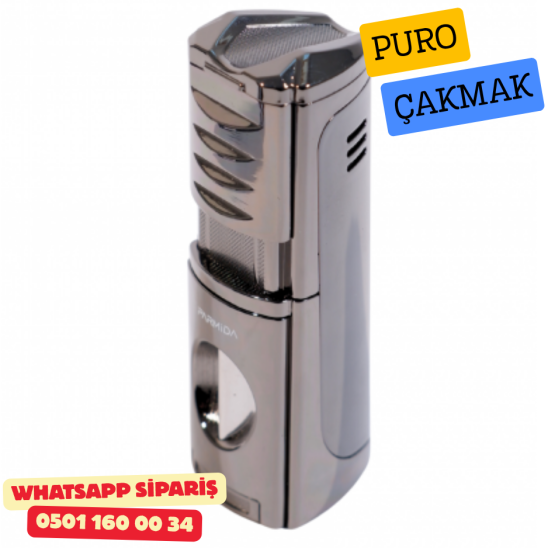 Puro Çakmak – 3 Alevli Jet Torch & Puro Delici (Metal / Silver Model)