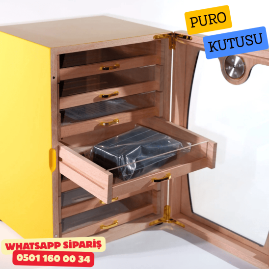 Cohiba Sarı – 7 Çekmeceli Sedir Humidor Puro Kutusu
