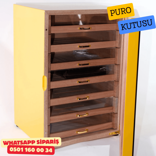 Cohiba Sarı – 7 Çekmeceli Sedir Humidor Puro Kutusu