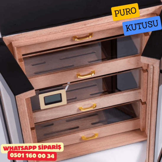 Siyah 4 Çekmeceli Sedir Humidor Puro Kutusu