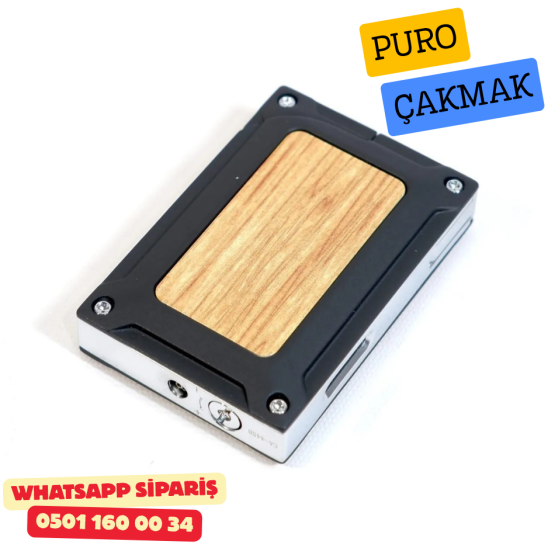 Caseti Siyah / Ahşap Detaylı Jet Flame Puro Çakmak