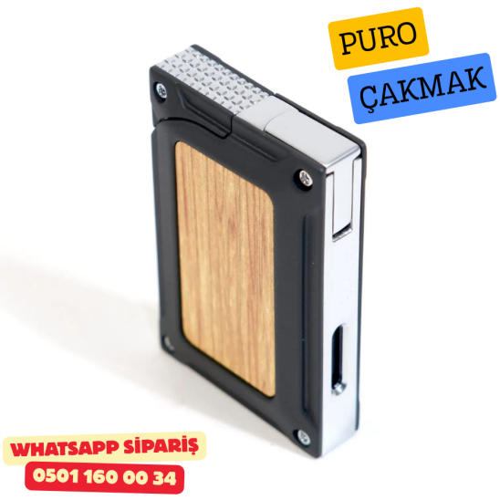 Caseti Siyah / Ahşap Detaylı Jet Flame Puro Çakmak