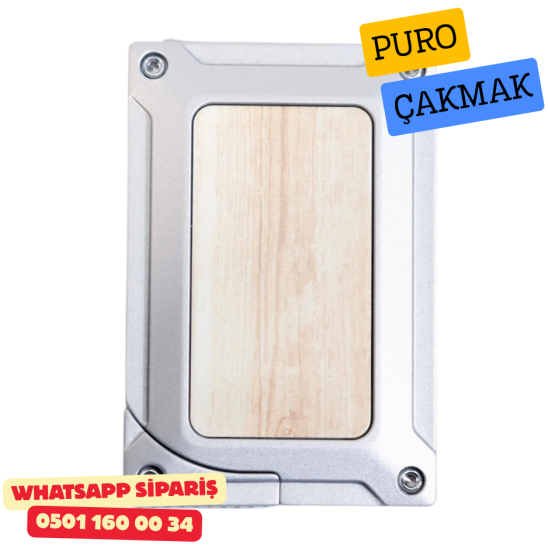 Caseti Gümüş / Ahşap Detaylı Jet Flame Puro Çakmak