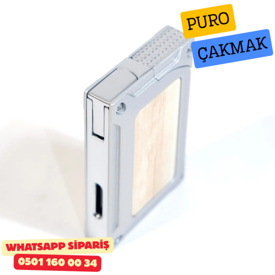 Caseti Gümüş / Ahşap Detaylı Jet Flame Puro Çakmak