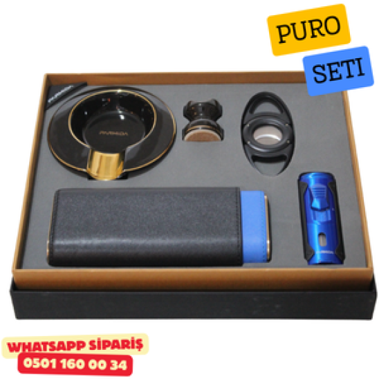 Parmida Çakmak Kesici Küllük Kılıf Sehpa Siyah-Mavi Beşli Puro Seti