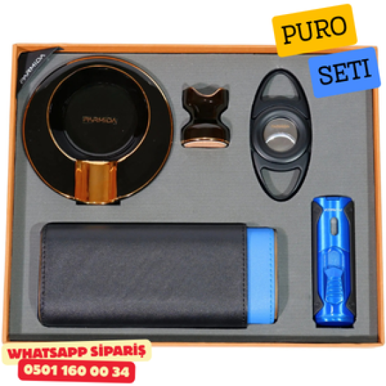 Parmida Çakmak Kesici Küllük Kılıf Sehpa Siyah-Mavi Beşli Puro Seti