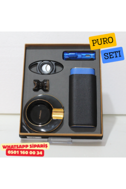 Parmida Çakmak Kesici Küllük Kılıf Sehpa Siyah-Mavi Beşli Puro Seti