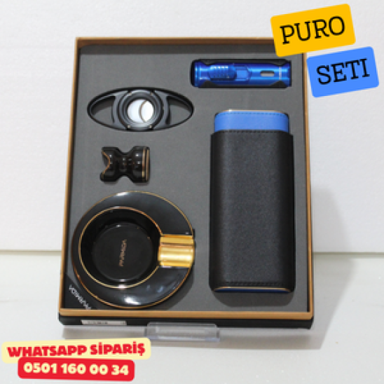 Parmida Çakmak Kesici Küllük Kılıf Sehpa Siyah-Mavi Beşli Puro Seti