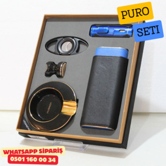 Parmida Çakmak Kesici Küllük Kılıf Sehpa Siyah-Mavi Beşli Puro Seti