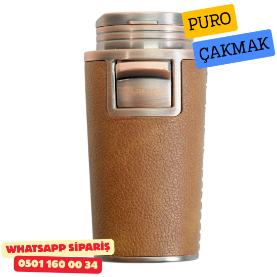 Kahverengi Deri Kaplamalı Çift Torch Puro Çakmak