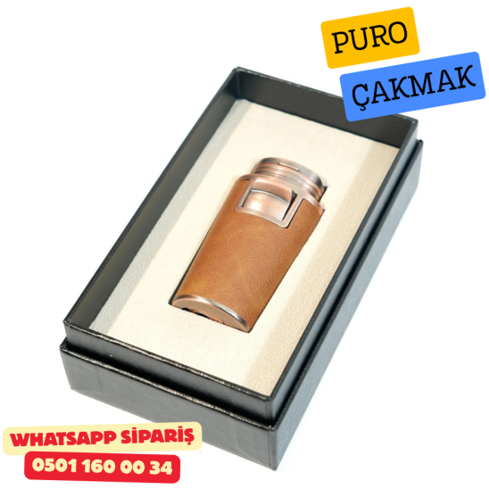 Kahverengi Deri Kaplamalı Çift Torch Puro Çakmak
