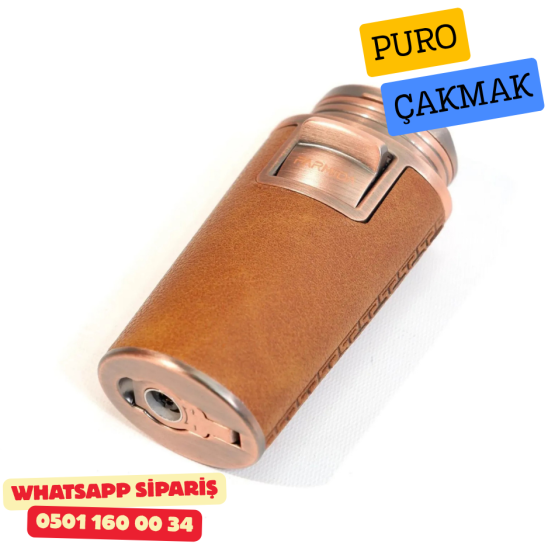 Kahverengi Deri Kaplamalı Çift Torch Puro Çakmak