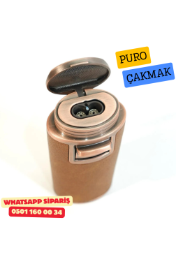 Kahverengi Deri Kaplamalı Çift Torch Puro Çakmak