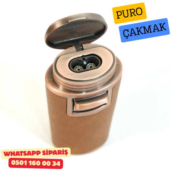 Kahverengi Deri Kaplamalı Çift Torch Puro Çakmak