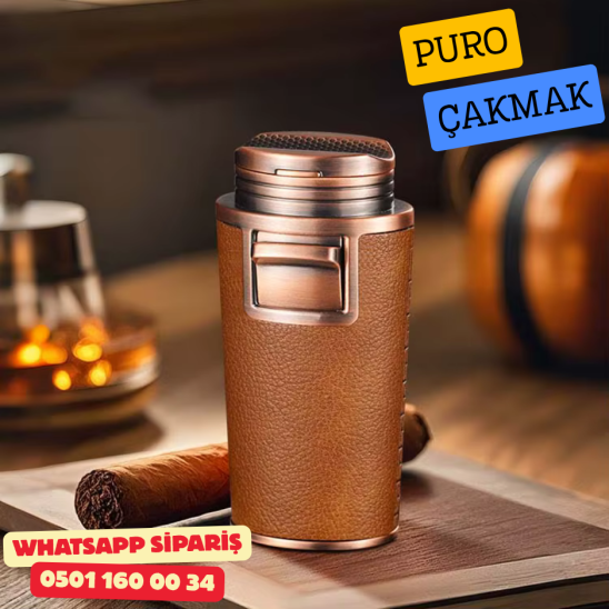 Kahverengi Deri Kaplamalı Çift Torch Puro Çakmak