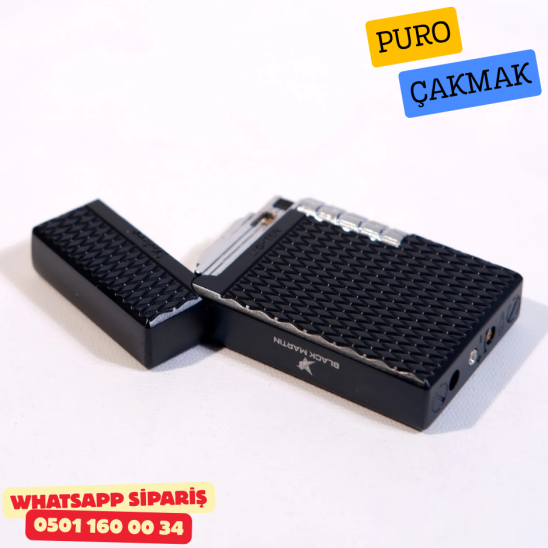 Siyah Geometrik Desenli Metal Soft Flame Puro Çakmak Siyah Geometrik Desenli Metal Soft Flame Puro Çakmak