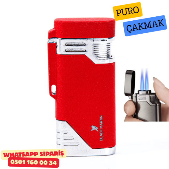Black Martin Kırmızı Çift Torch Metal Puro Çakmak