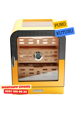 Cohiba - Aksesuar Çekmeceli Camlı Sedir Humidor Puro Kutusu (Sarı–Siyah)