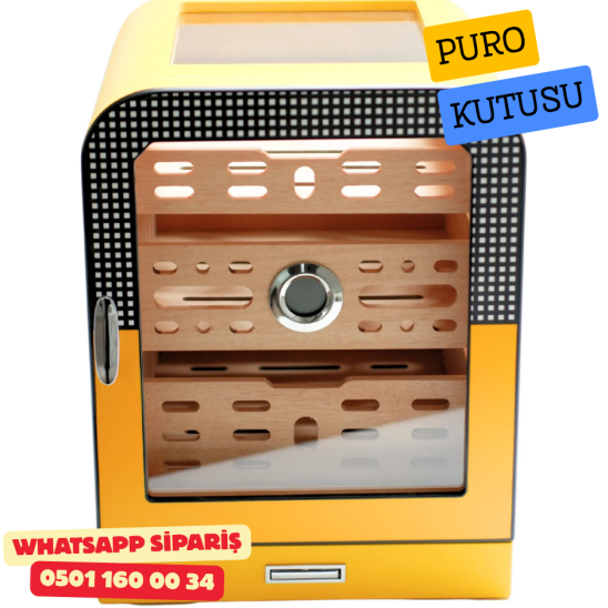Cohiba - Aksesuar Çekmeceli Camlı Sedir Humidor Puro Kutusu (Sarı–Siyah)