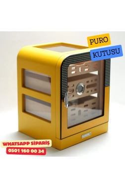 Cohiba - Aksesuar Çekmeceli Camlı Sedir Humidor Puro Kutusu (Sarı–Siyah)