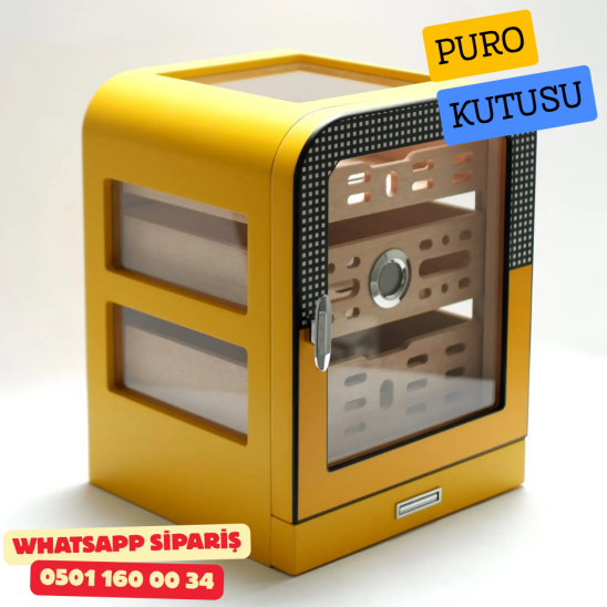 Cohiba - Aksesuar Çekmeceli Camlı Sedir Humidor Puro Kutusu (Sarı–Siyah)