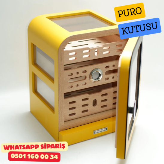 Cohiba - Aksesuar Çekmeceli Camlı Sedir Humidor Puro Kutusu (Sarı–Siyah)