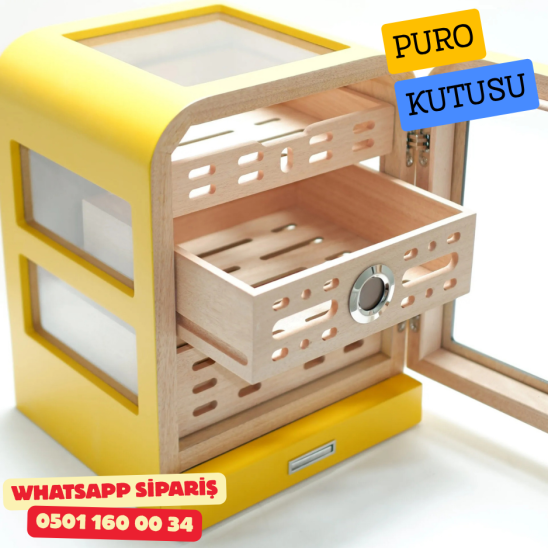 Cohiba - Aksesuar Çekmeceli Camlı Sedir Humidor Puro Kutusu (Sarı–Siyah)