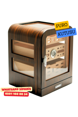 Cohiba - Aksesuar Çekmeceli Camlı Sedir Humidor Puro Kutusu (Kahverengi)