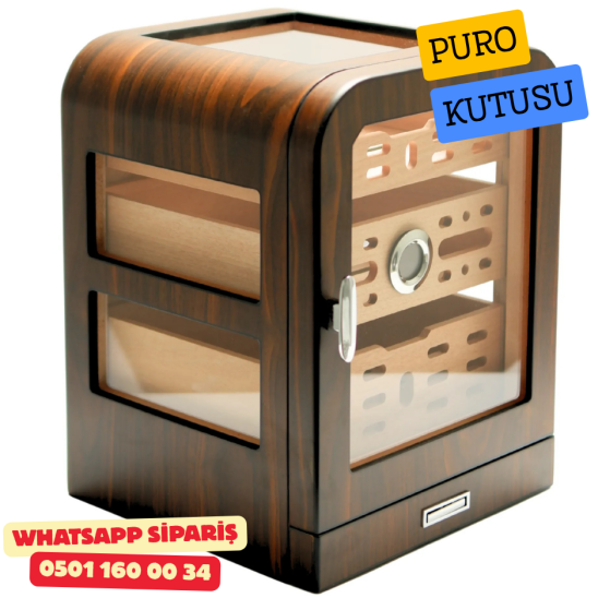 Cohiba - Aksesuar Çekmeceli Camlı Sedir Humidor Puro Kutusu (Kahverengi)