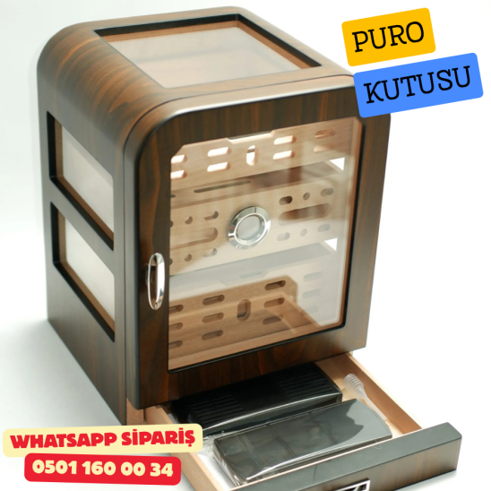 Cohiba - Aksesuar Çekmeceli Camlı Sedir Humidor Puro Kutusu (Kahverengi)
