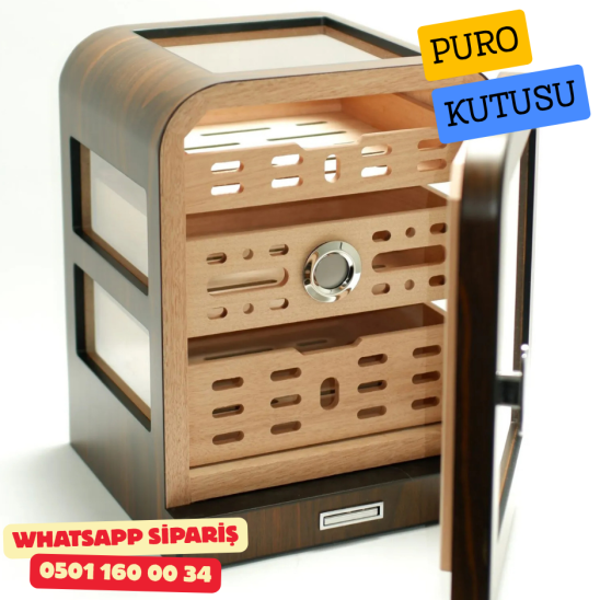 Cohiba - Aksesuar Çekmeceli Camlı Sedir Humidor Puro Kutusu (Kahverengi)