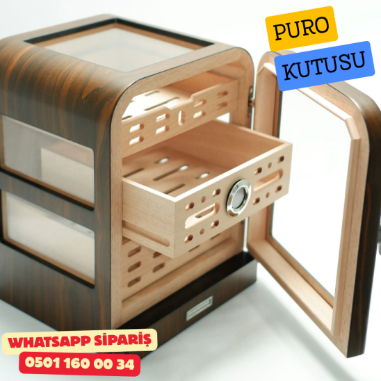 Cohiba - Aksesuar Çekmeceli Camlı Sedir Humidor Puro Kutusu (Kahverengi)