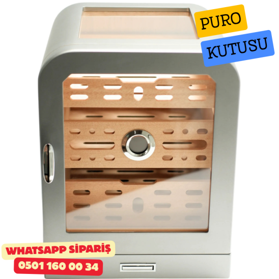 Cohiba - Aksesuar Çekmeceli Camlı Sedir Humidor Puro Kutusu (Gunmetal)