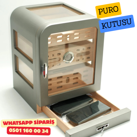 Cohiba - Aksesuar Çekmeceli Camlı Sedir Humidor Puro Kutusu (Gunmetal)