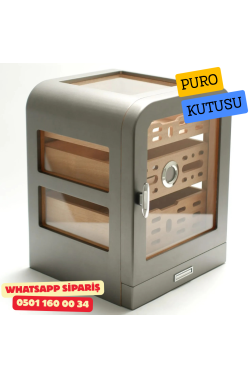 Cohiba - Aksesuar Çekmeceli Camlı Sedir Humidor Puro Kutusu (Gunmetal)