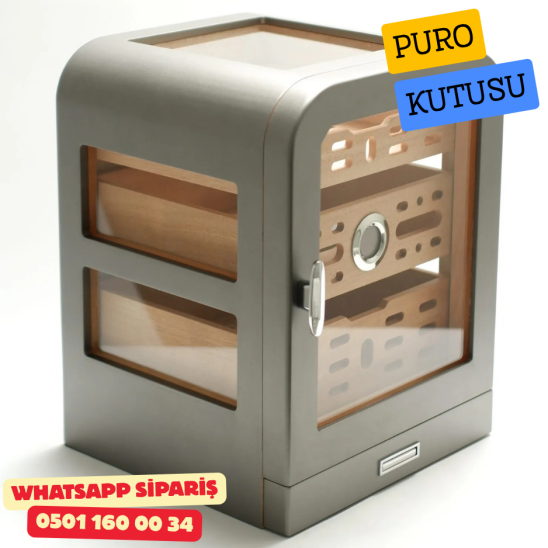 Cohiba - Aksesuar Çekmeceli Camlı Sedir Humidor Puro Kutusu (Gunmetal)