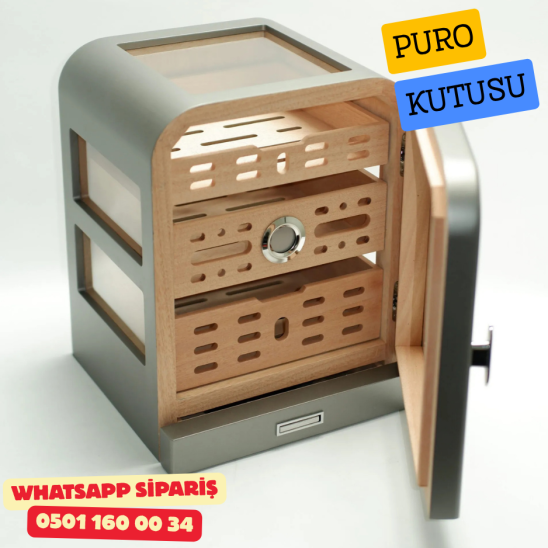 Cohiba - Aksesuar Çekmeceli Camlı Sedir Humidor Puro Kutusu (Gunmetal)